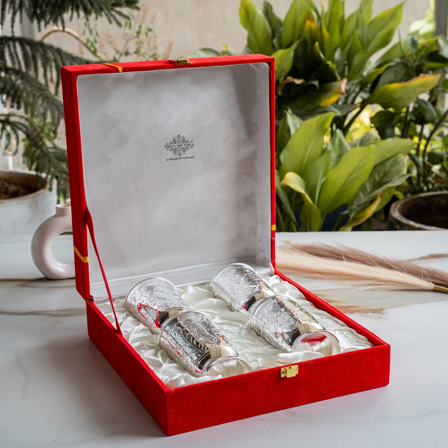Silver Plated Glass  Set of 4 with Red Box