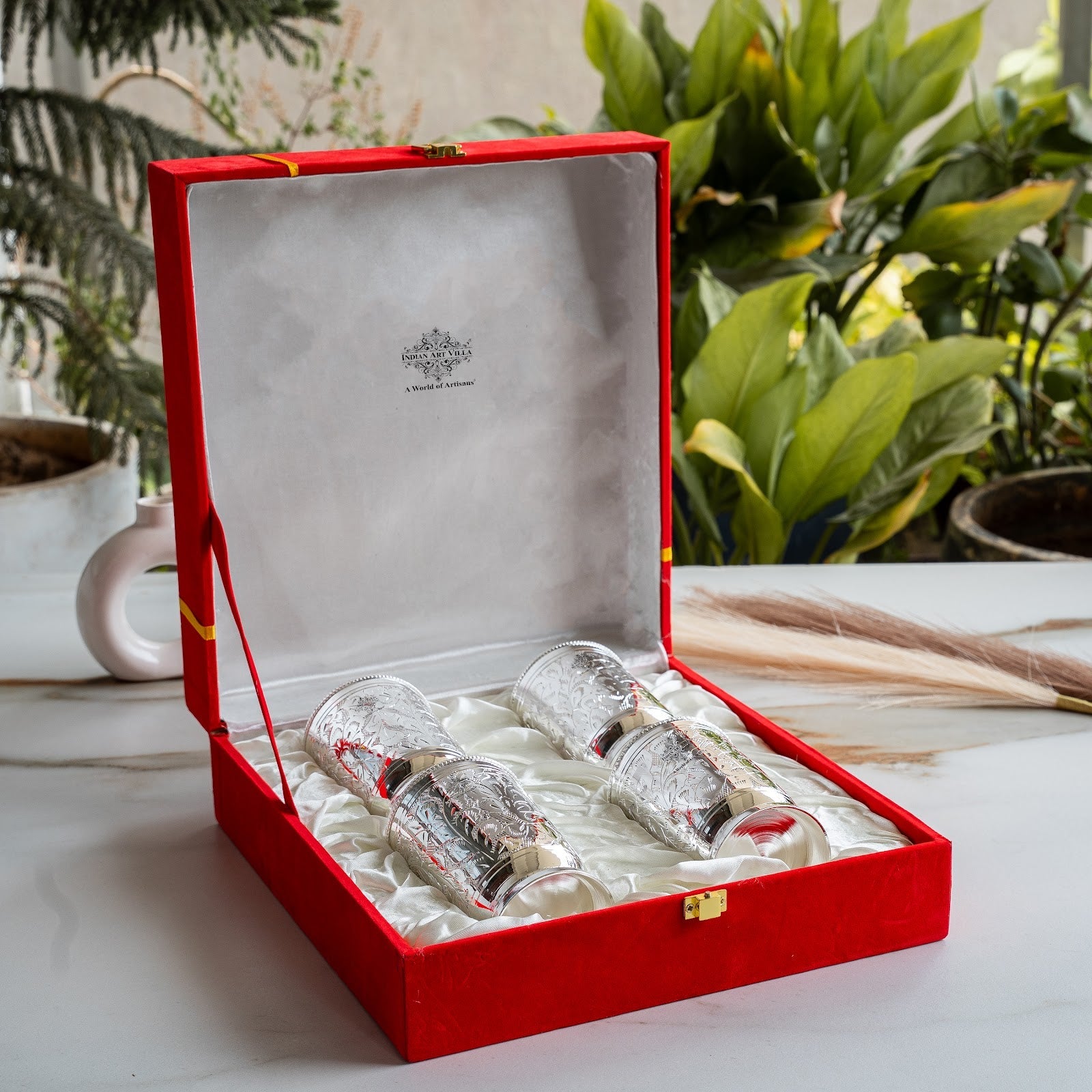Silver Plated Glass  Set of 4 with Red Box