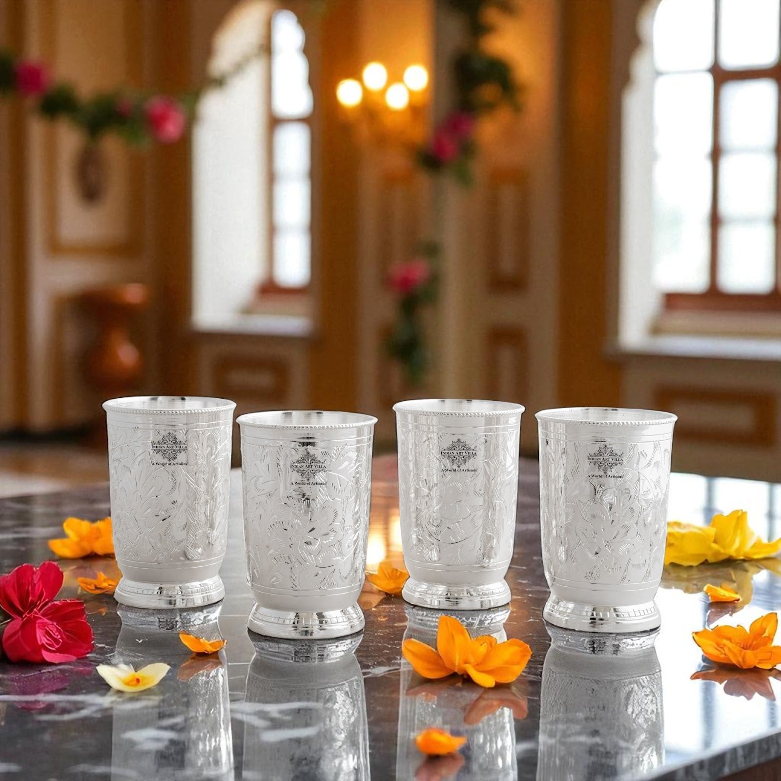 Silver Plated Glass  Set of 4 with Red Box