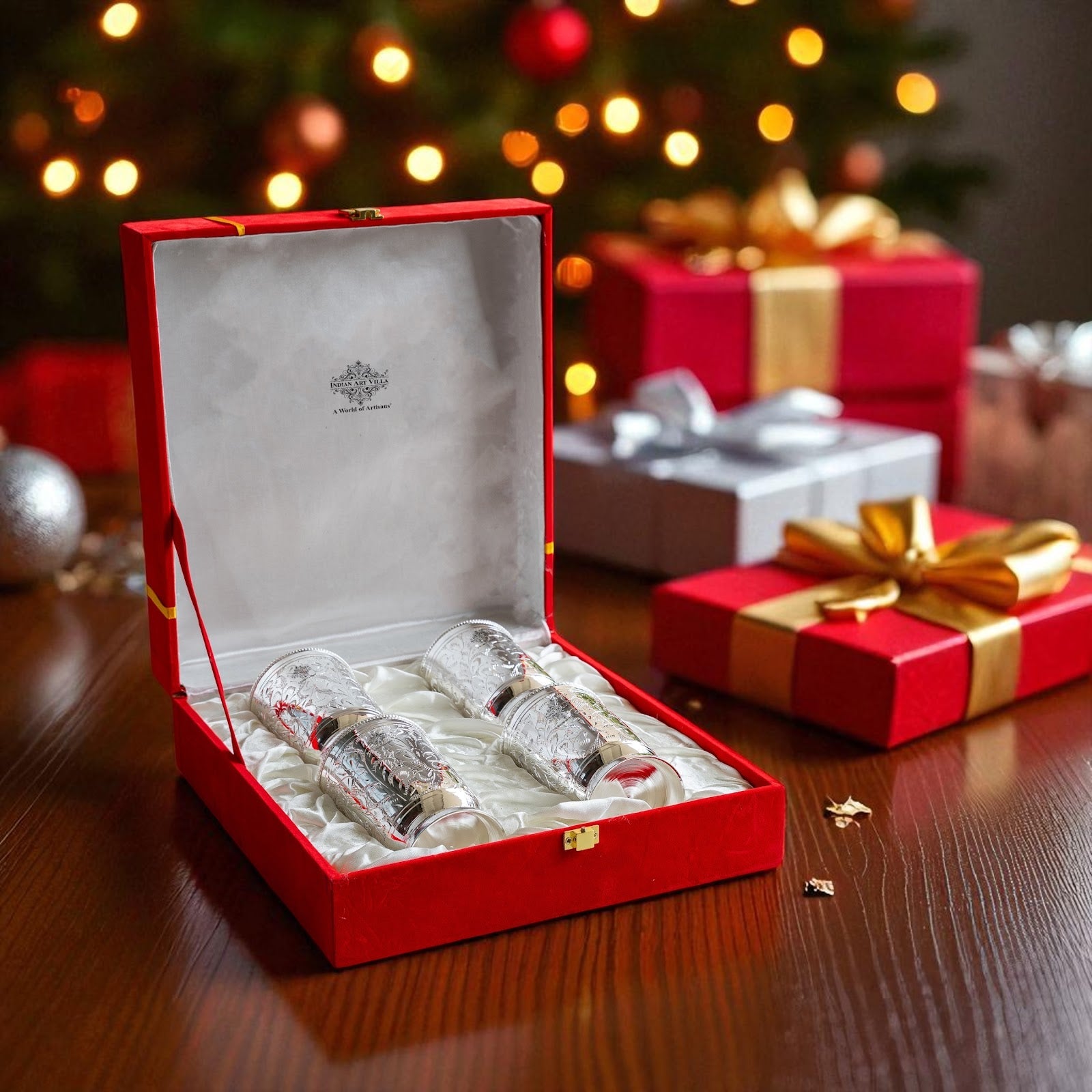 Silver Plated Glass  Set of 4 with Red Box