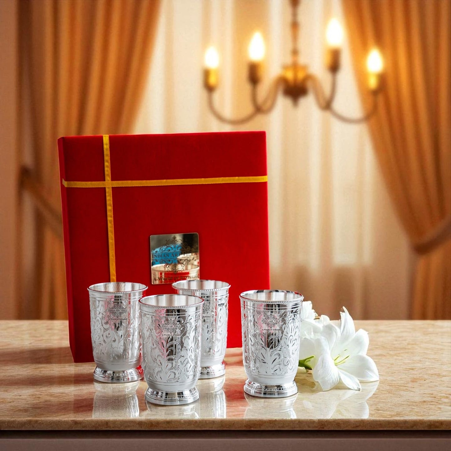 Silver Plated Glass  Set of 4 with Red Box