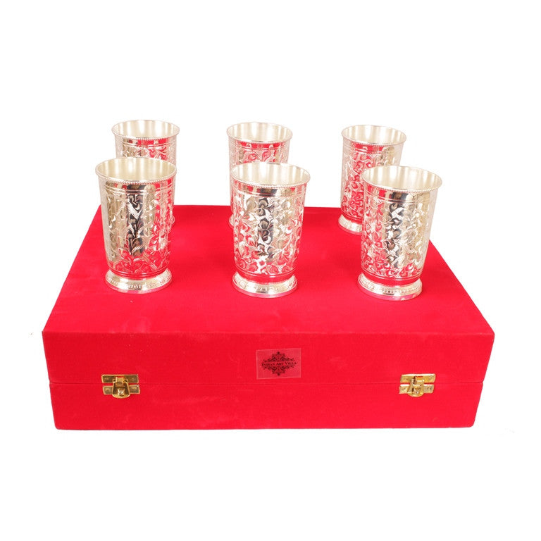 Silver Plated Embossed Design Glass Tumbler set of 6