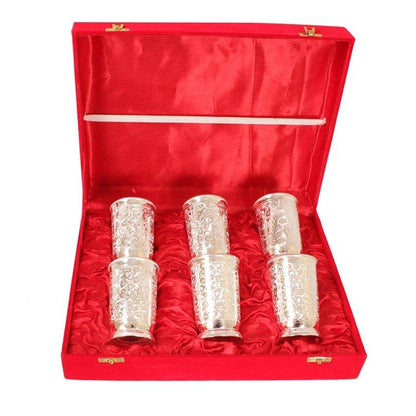 Silver Plated Embossed Design Glass Tumbler set of 6