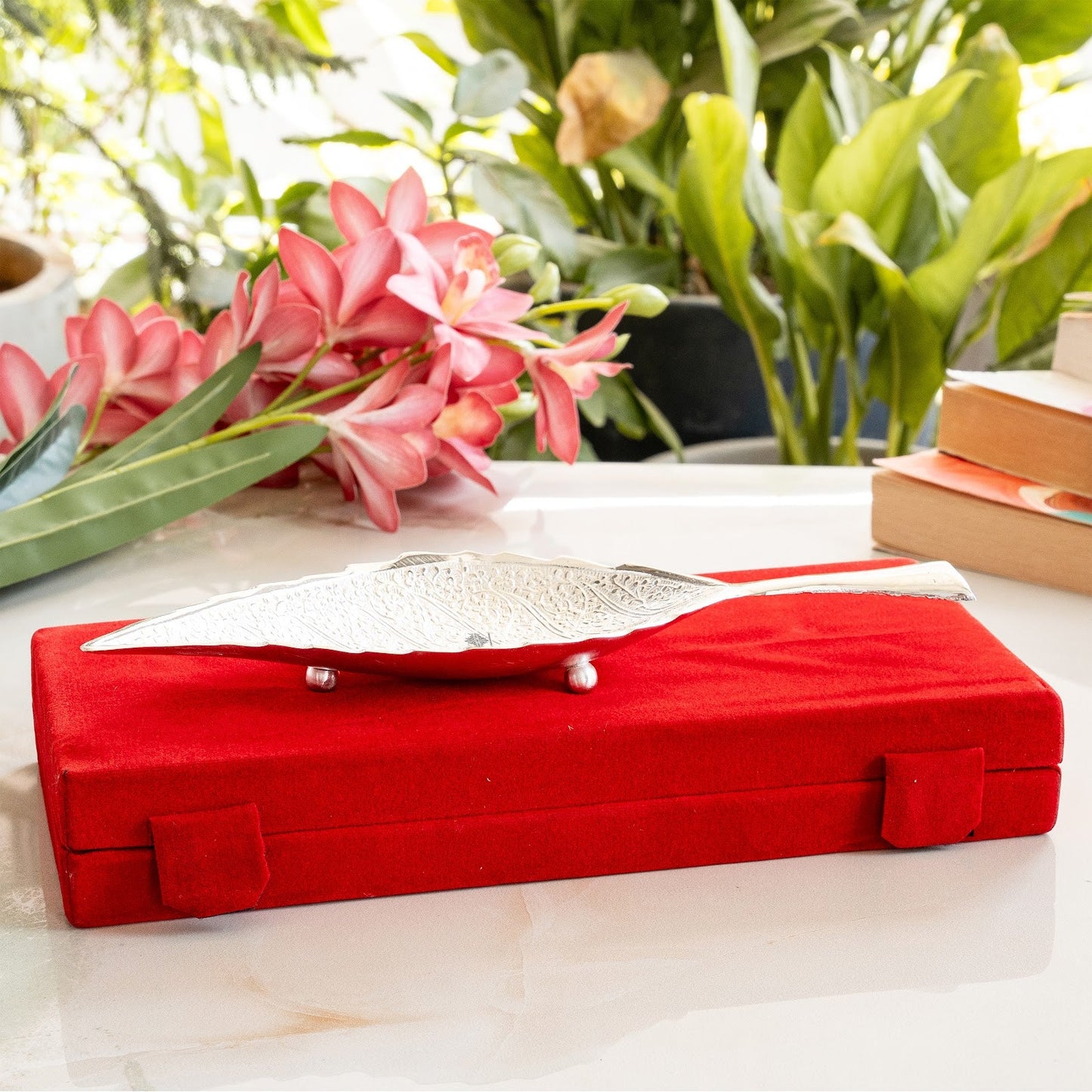 Silver Plated Leaf Design Deep Dish Bowl comes with Red velvet gift Packing box