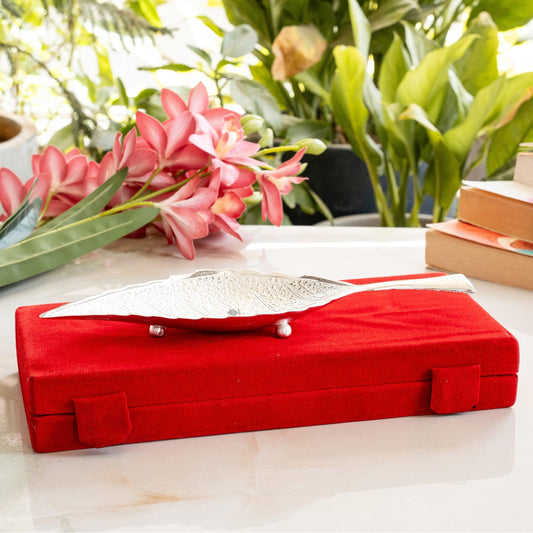 Silver Plated Leaf Design Deep Dish Bowl comes with Red velvet gift Packing box
