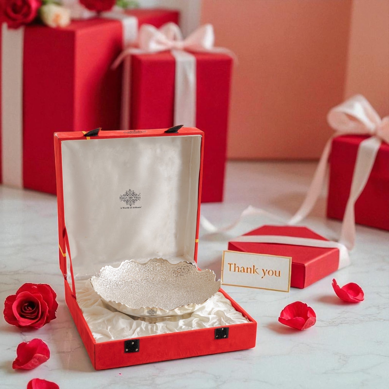 Handmade Silver Plated Round Design Deep Dish Bowl comes with Red/Blue Velevt box