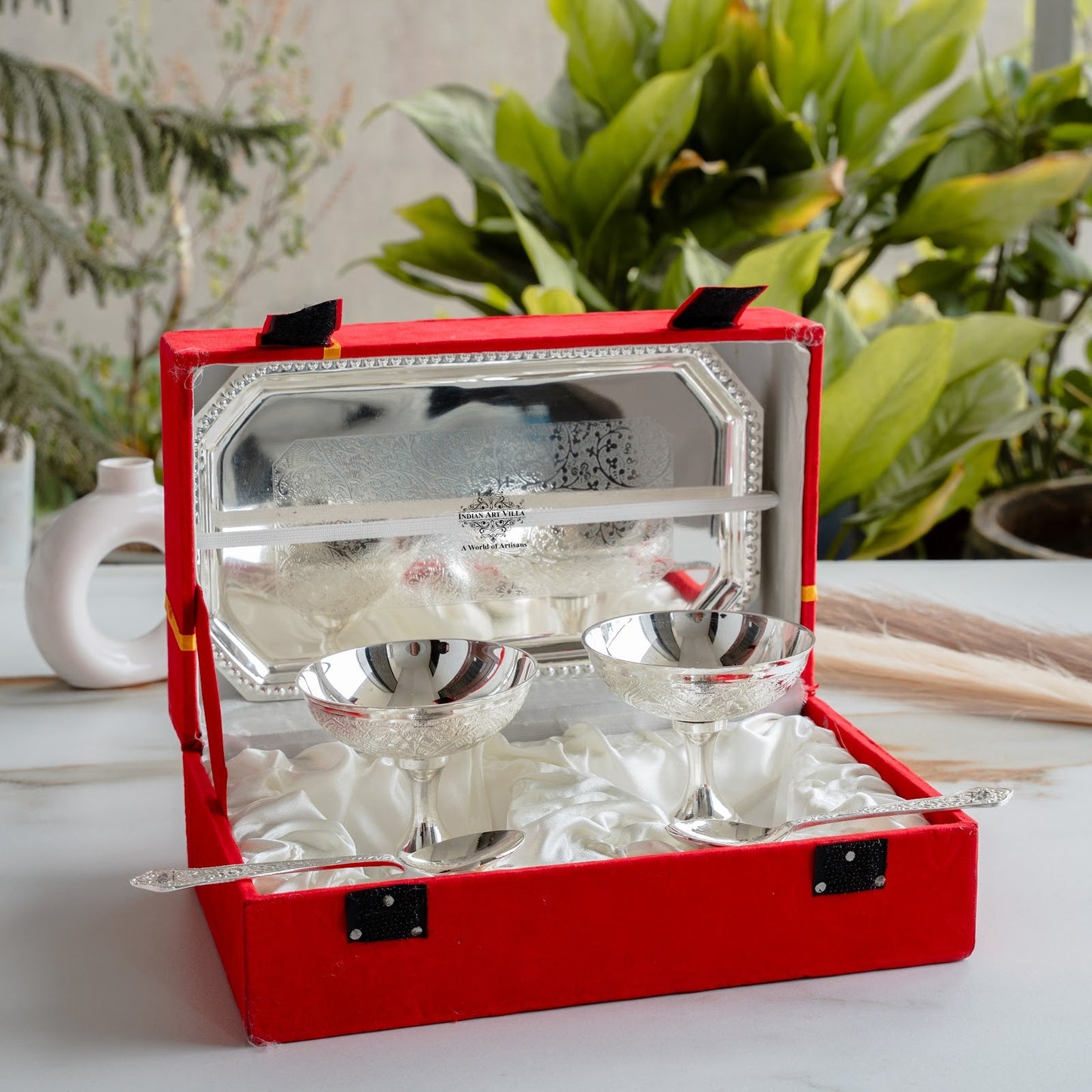 Pure Silver Plated Designer 2 Ice Cream Bowl 2 Spoon 1 Tray