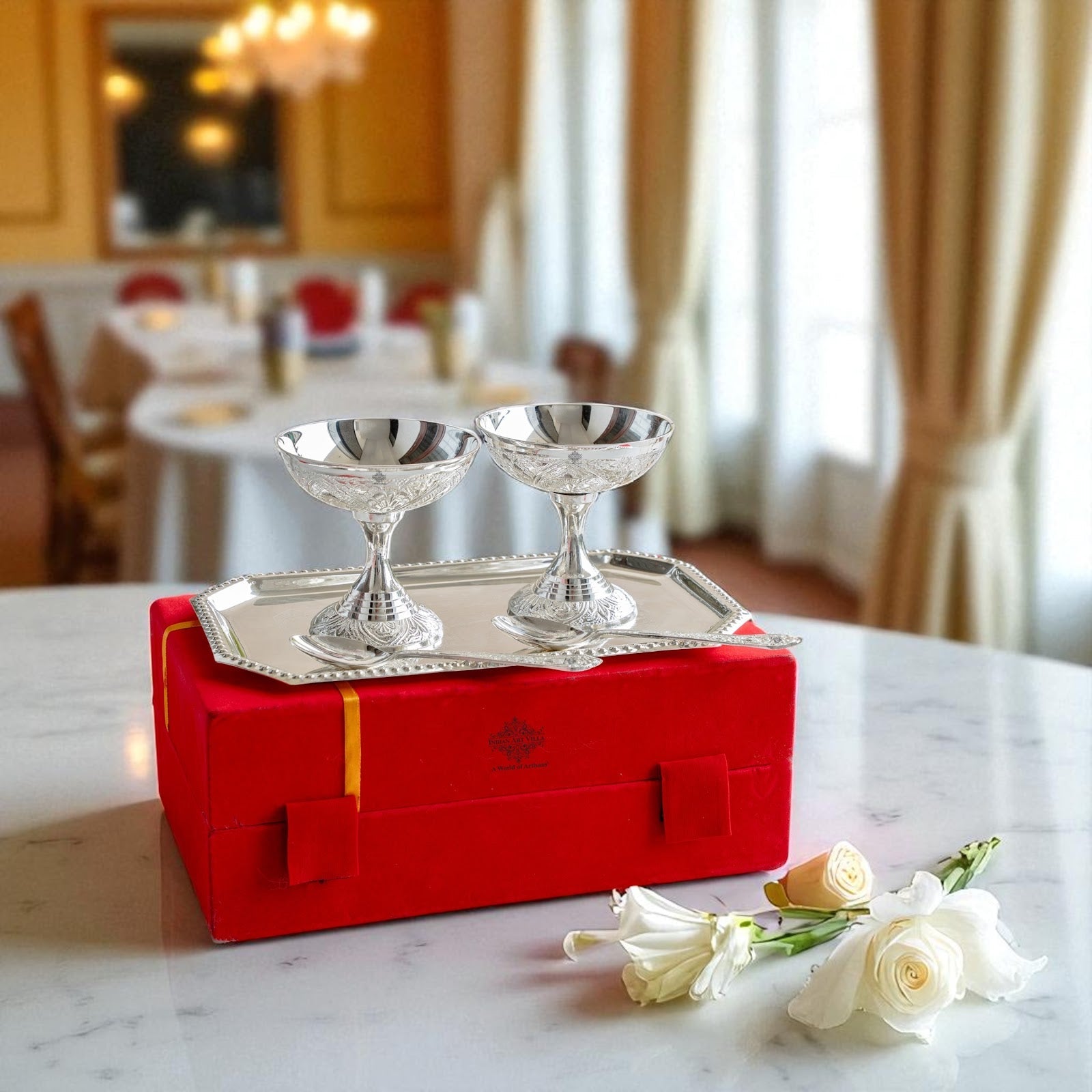 Pure Silver Plated Designer 2 Ice Cream Bowl 2 Spoon 1 Tray