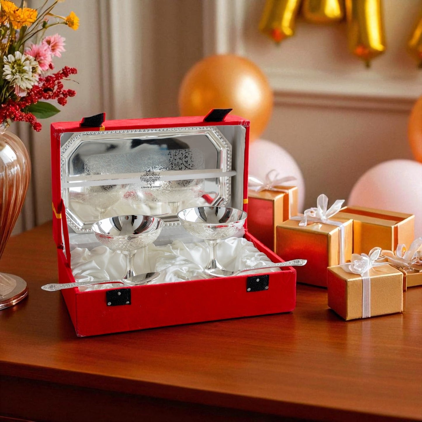 Pure Silver Plated Designer 2 Ice Cream Bowl 2 Spoon 1 Tray