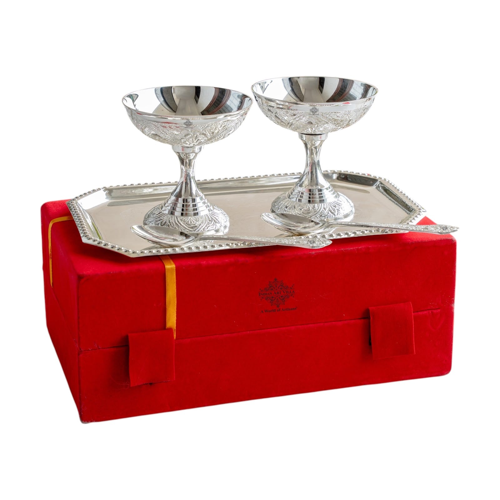 Pure Silver Plated Designer 2 Ice Cream Bowl 2 Spoon 1 Tray