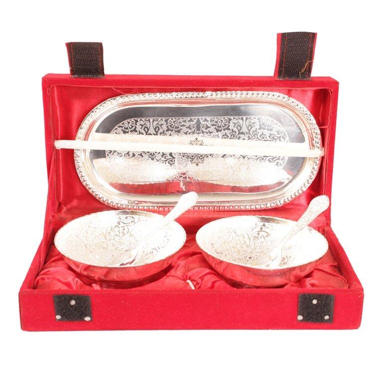 Handcrafted Pure Silver Plated Designer Bowl Set with 2 Bowl, 2 Spoon, 1 Tray