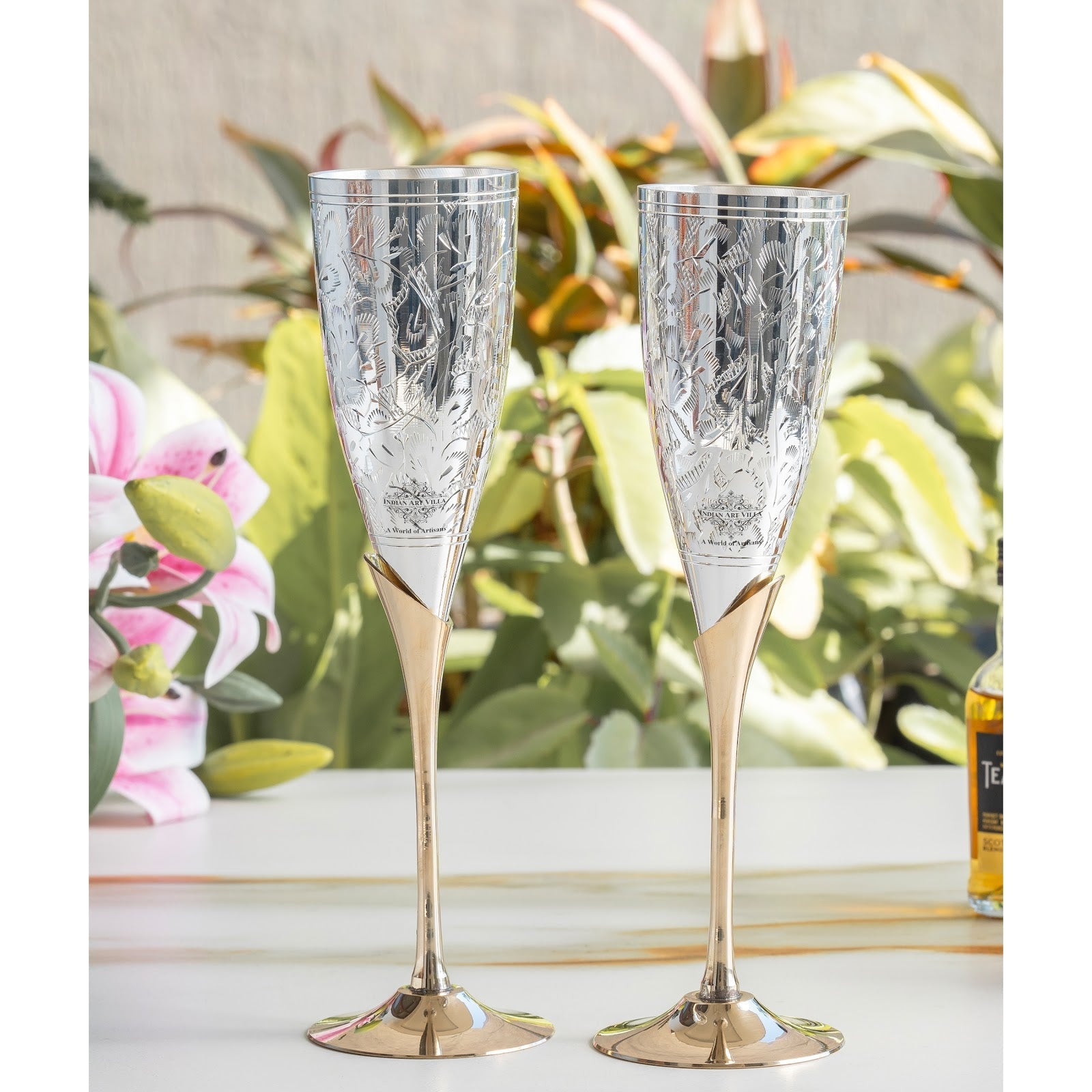 Set of 2 Silver Plated & Brass Champagne Wine Glass With Box
