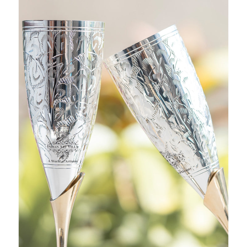 Set of 2 Silver Plated & Brass Champagne Wine Glass With Box