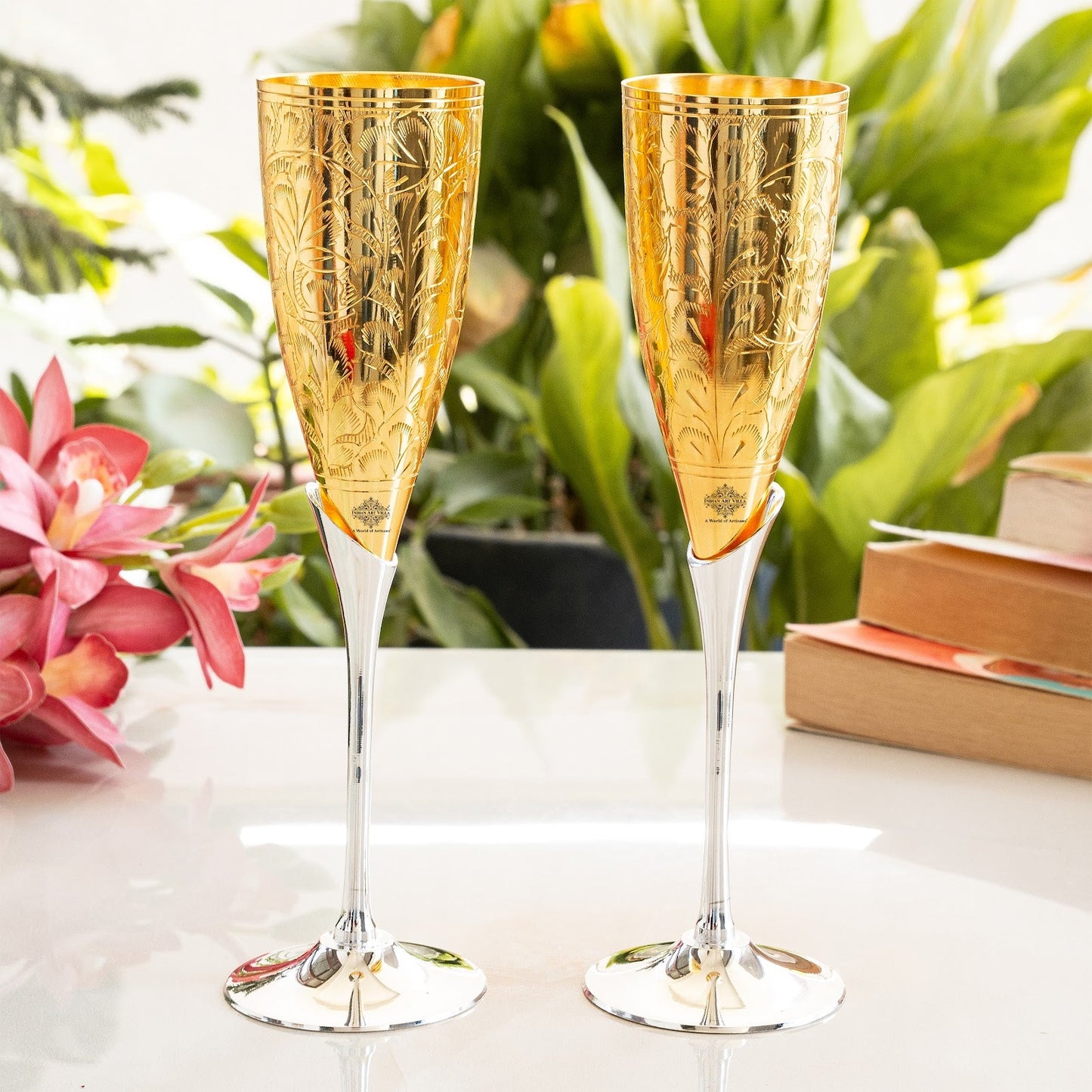 Set of 2 Silver Plated Gold Polish & Brass Champagne Wine Glass With Blue Box