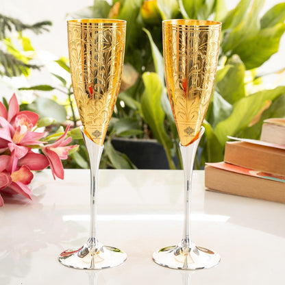 Set of 2 Silver Plated Gold Polish & Brass Champagne Wine Glass With Blue Box