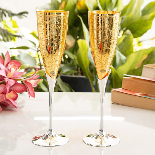 Set of 2 Silver Plated Gold Polish & Brass Champagne Wine Glass With Blue Box