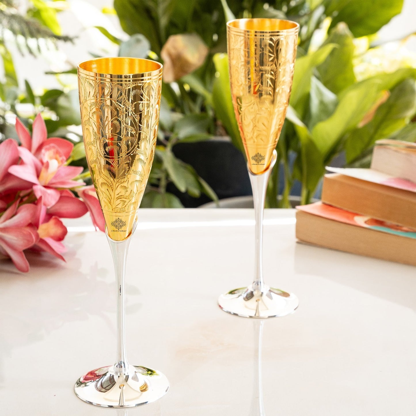 Set of 2 Silver Plated Gold Polish & Brass Champagne Wine Glass With Blue Box