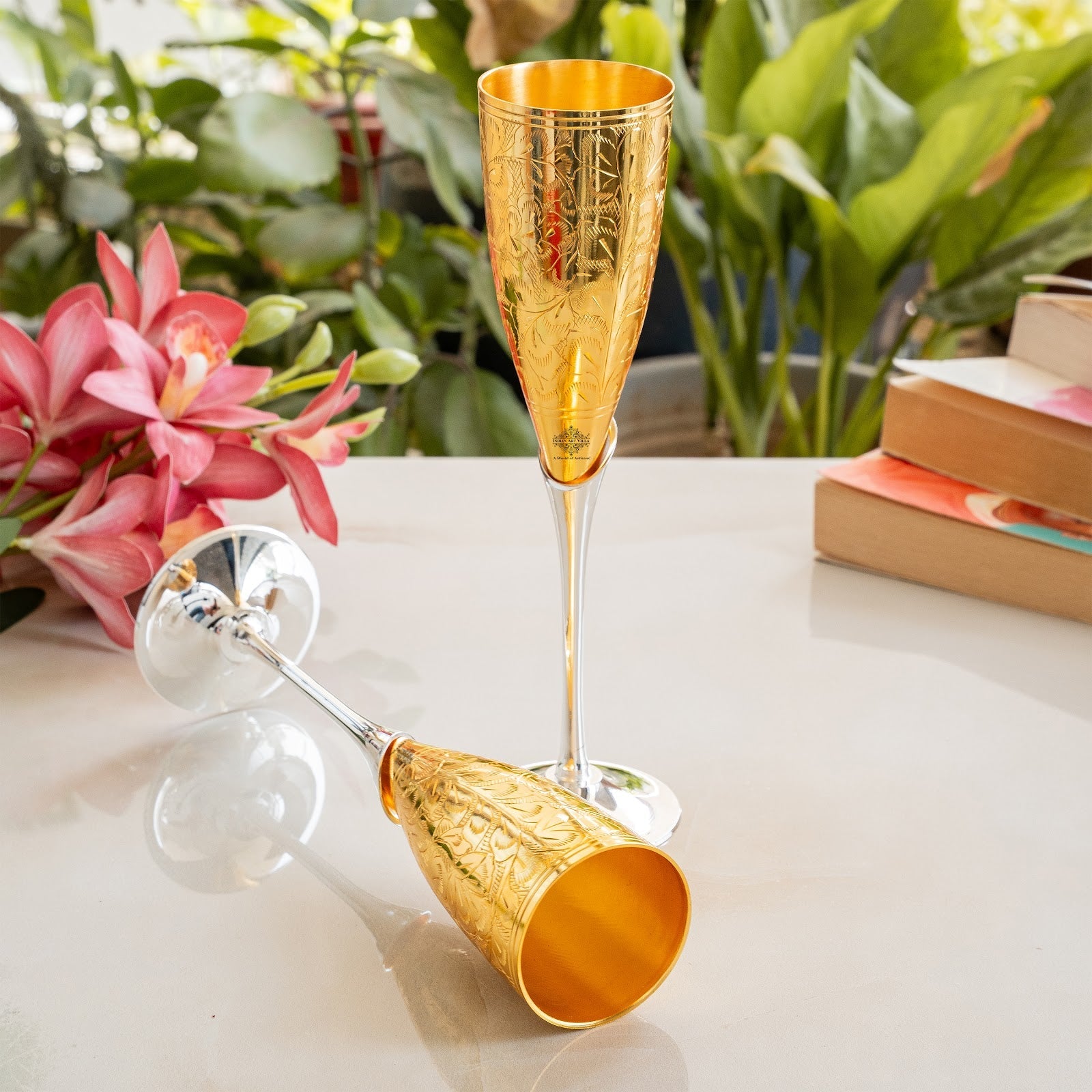 Set of 2 Silver Plated Gold Polish & Brass Champagne Wine Glass With Blue Box