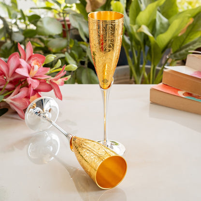 Set of 2 Silver Plated Gold Polish & Brass Champagne Wine Glass With Blue Box