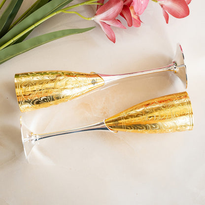 Set of 2 Silver Plated Gold Polish & Brass Champagne Wine Glass With Blue Box