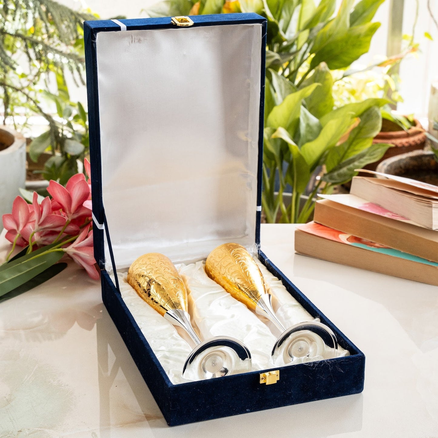 Set of 2 Silver Plated Gold Polish & Brass Champagne Wine Glass With Blue Box