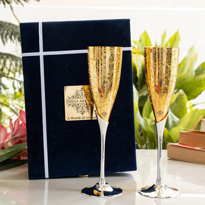 Set of 2 Silver Plated Gold Polish & Brass Champagne Wine Glass With Blue Box