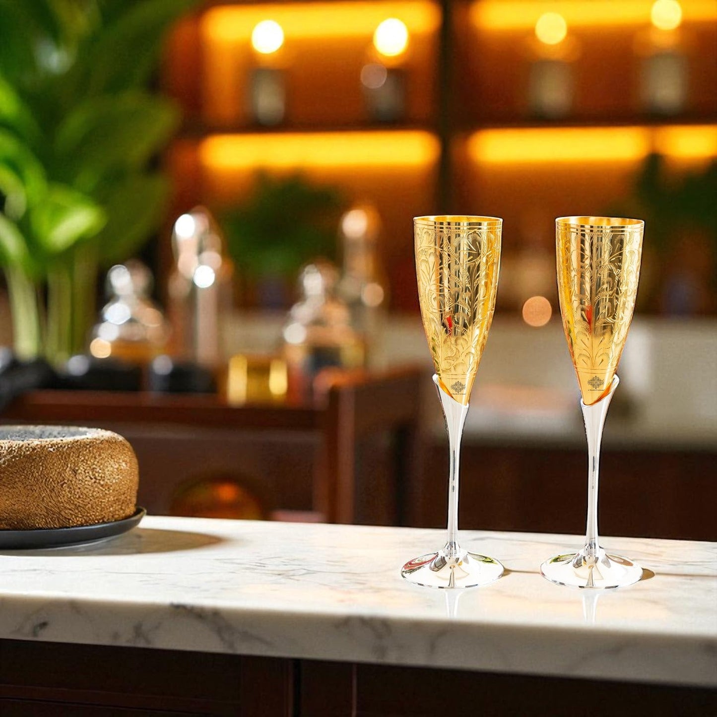 Set of 2 Silver Plated Gold Polish & Brass Champagne Wine Glass With Blue Box