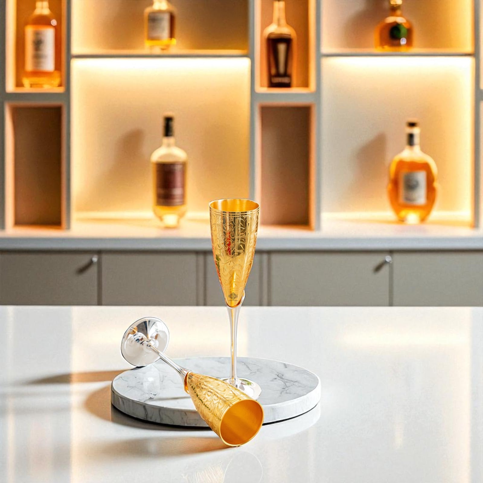 Set of 2 Silver Plated Gold Polish & Brass Champagne Wine Glass With Blue Box