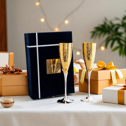 Set of 2 Silver Plated Gold Polish & Brass Champagne Wine Glass With Blue Box
