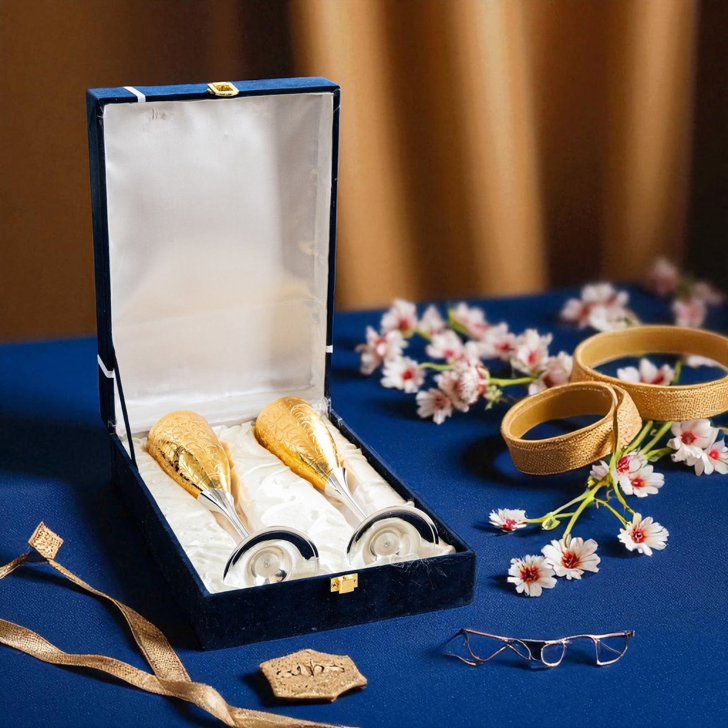 Set of 2 Silver Plated Gold Polish & Brass Champagne Wine Glass With Blue Box