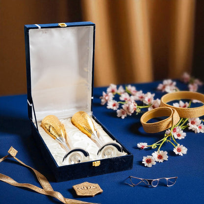 Set of 2 Silver Plated Gold Polish & Brass Champagne Wine Glass With Blue Box