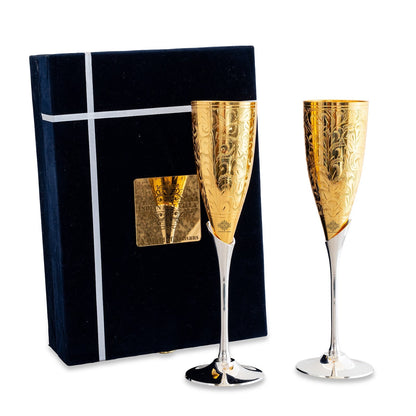 Set of 2 Silver Plated Gold Polish & Brass Champagne Wine Glass With Blue Box