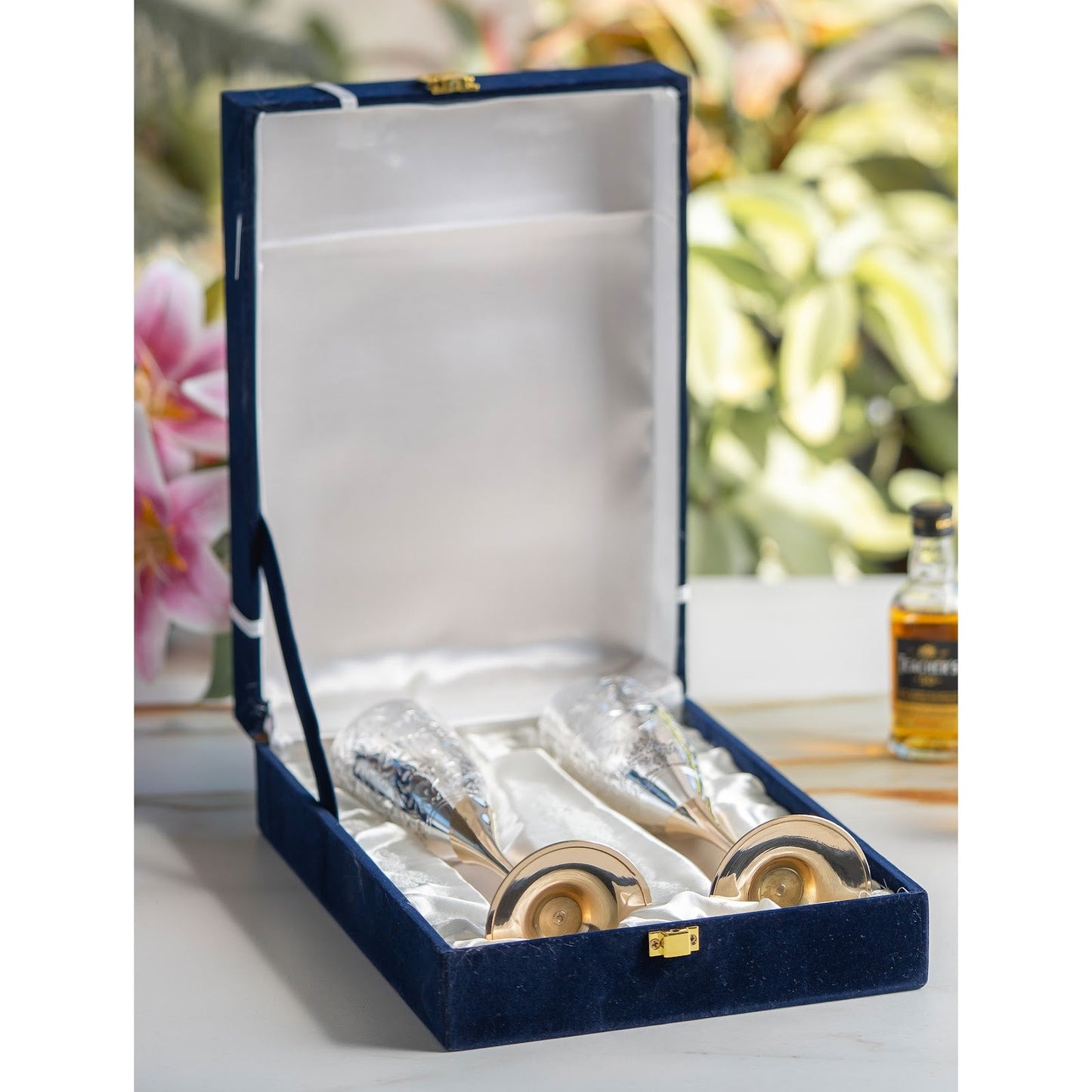 Set of 2 Silver Plated & Brass Champagne Wine Glass With Box