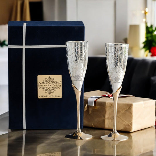 Set of 2 Silver Plated & Brass Champagne Wine Glass With Box