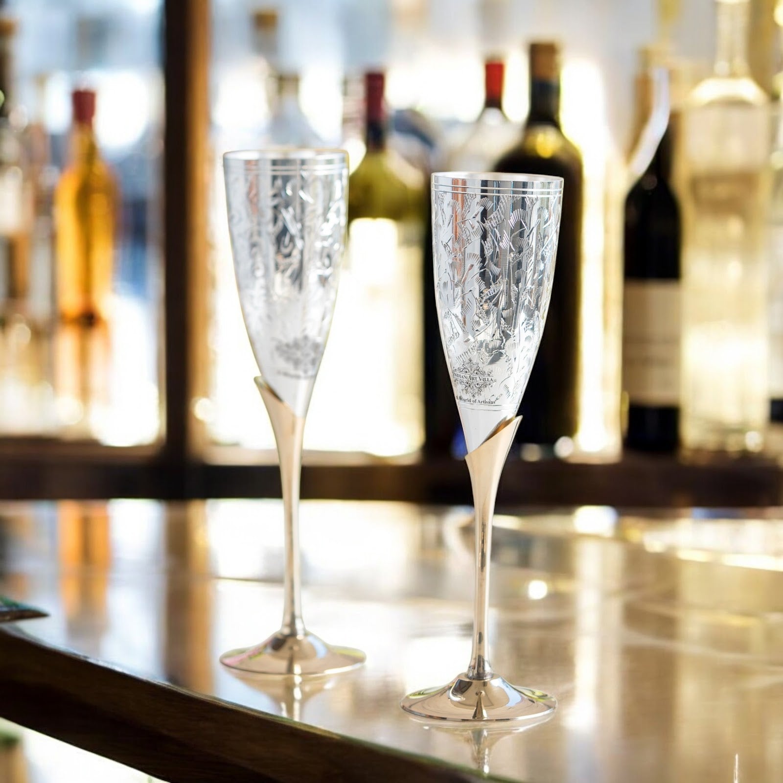 Set of 2 Silver Plated & Brass Champagne Wine Glass With Box