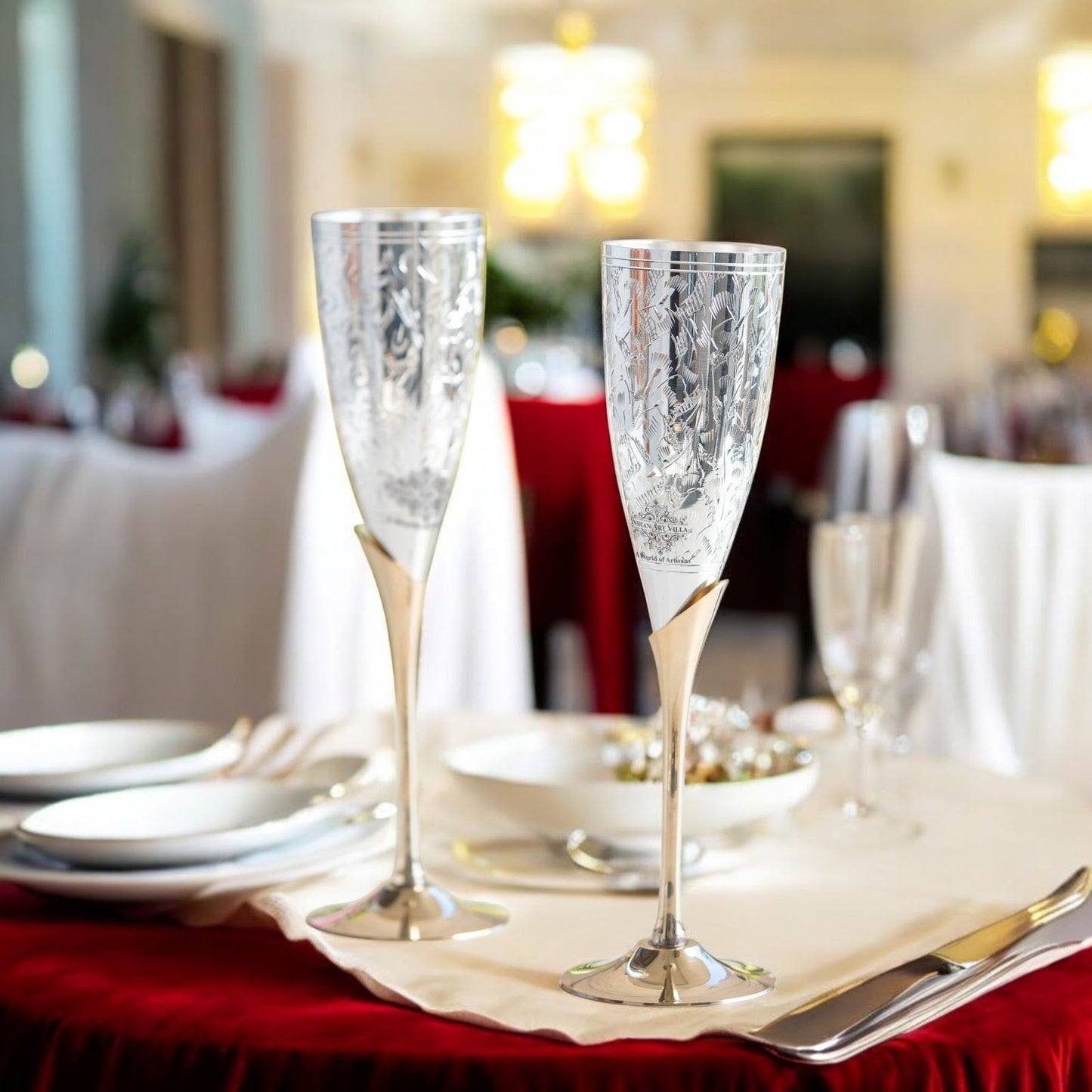 Set of 2 Silver Plated & Brass Champagne Wine Glass With Box