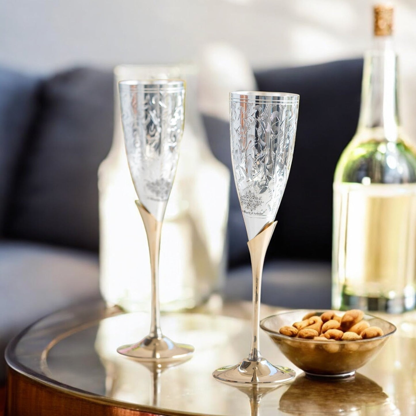 Set of 2 Silver Plated & Brass Champagne Wine Glass With Box