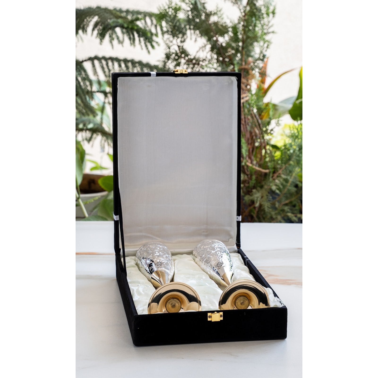 Set of 2 Silver Plated & Brass Champagne Wine Glass With Box