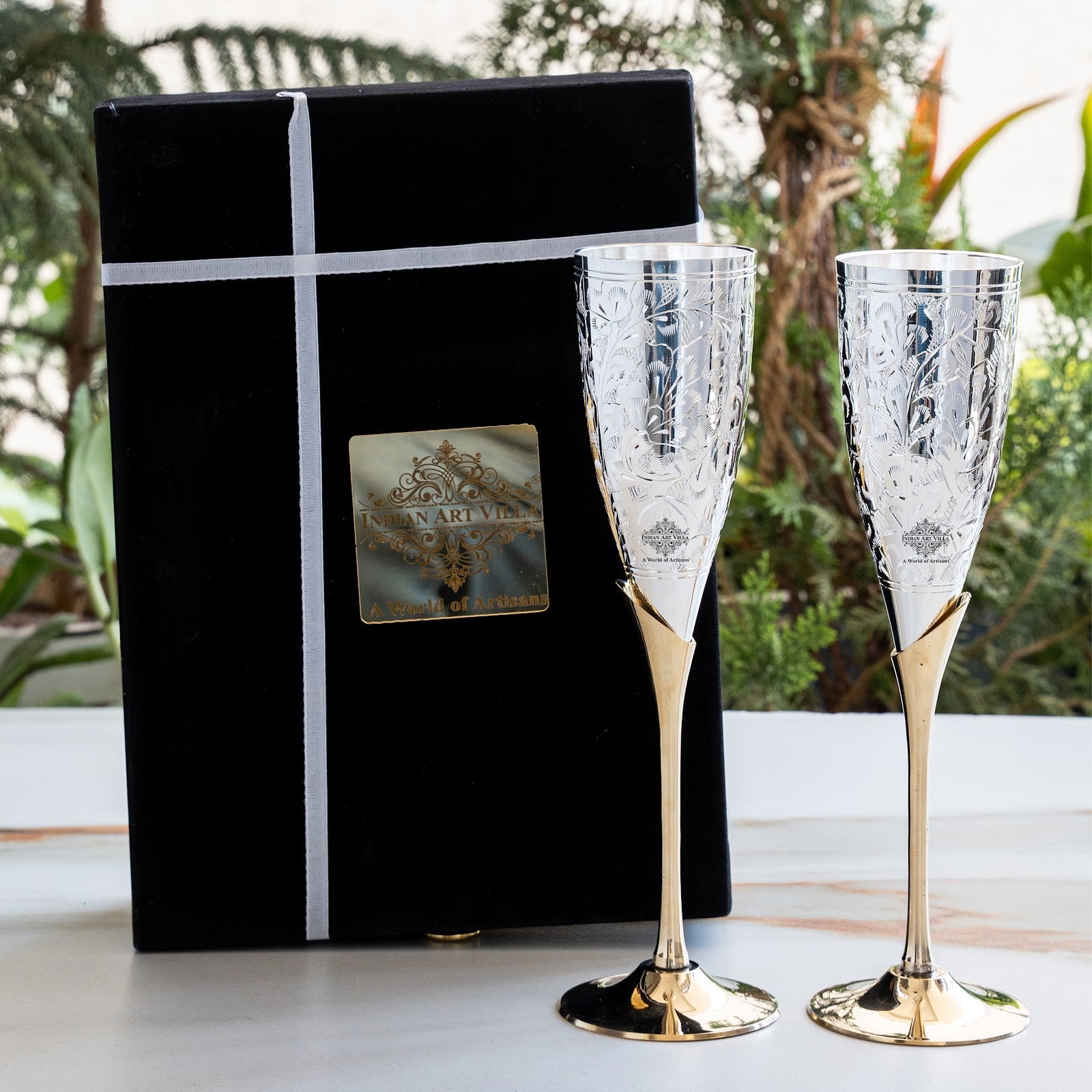 Set of 2 Silver Plated & Brass Champagne Wine Glass With Box