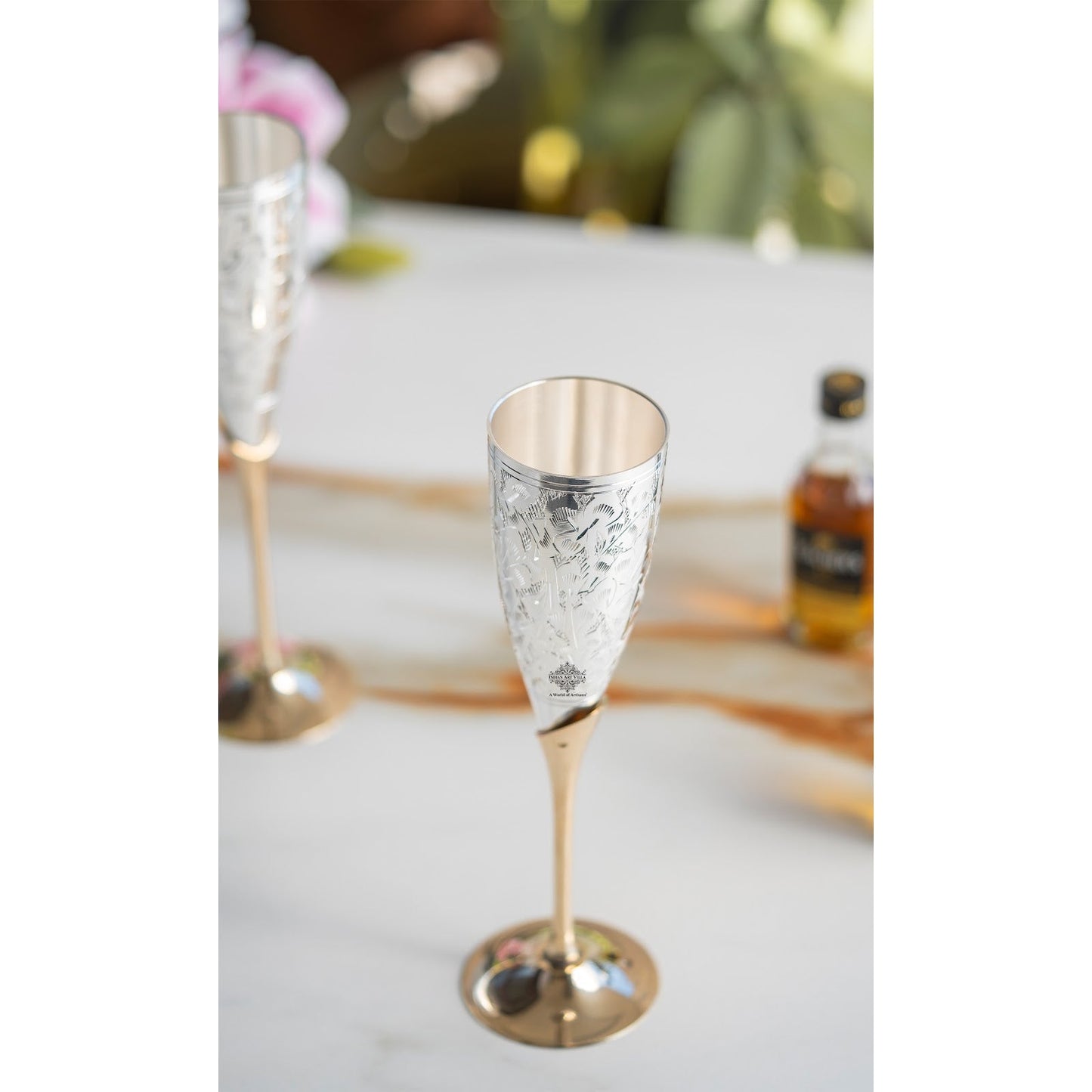 Set of 2 Silver Plated & Brass Champagne Wine Glass With Box