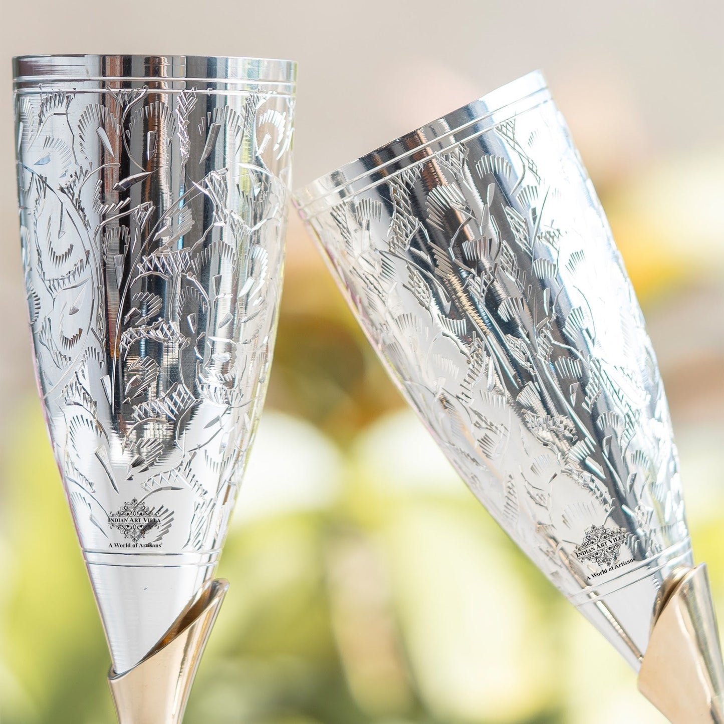 Set of 2 Silver Plated & Brass Champagne Wine Glass With Box