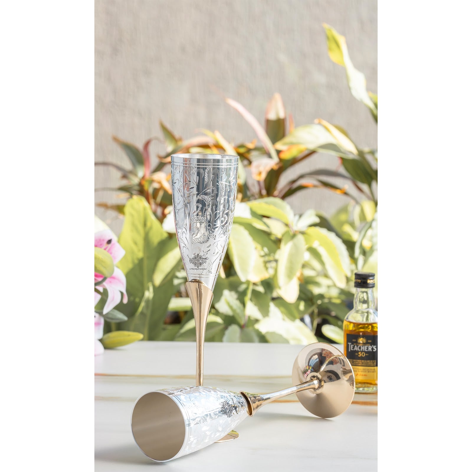 Set of 2 Silver Plated & Brass Champagne Wine Glass With Box