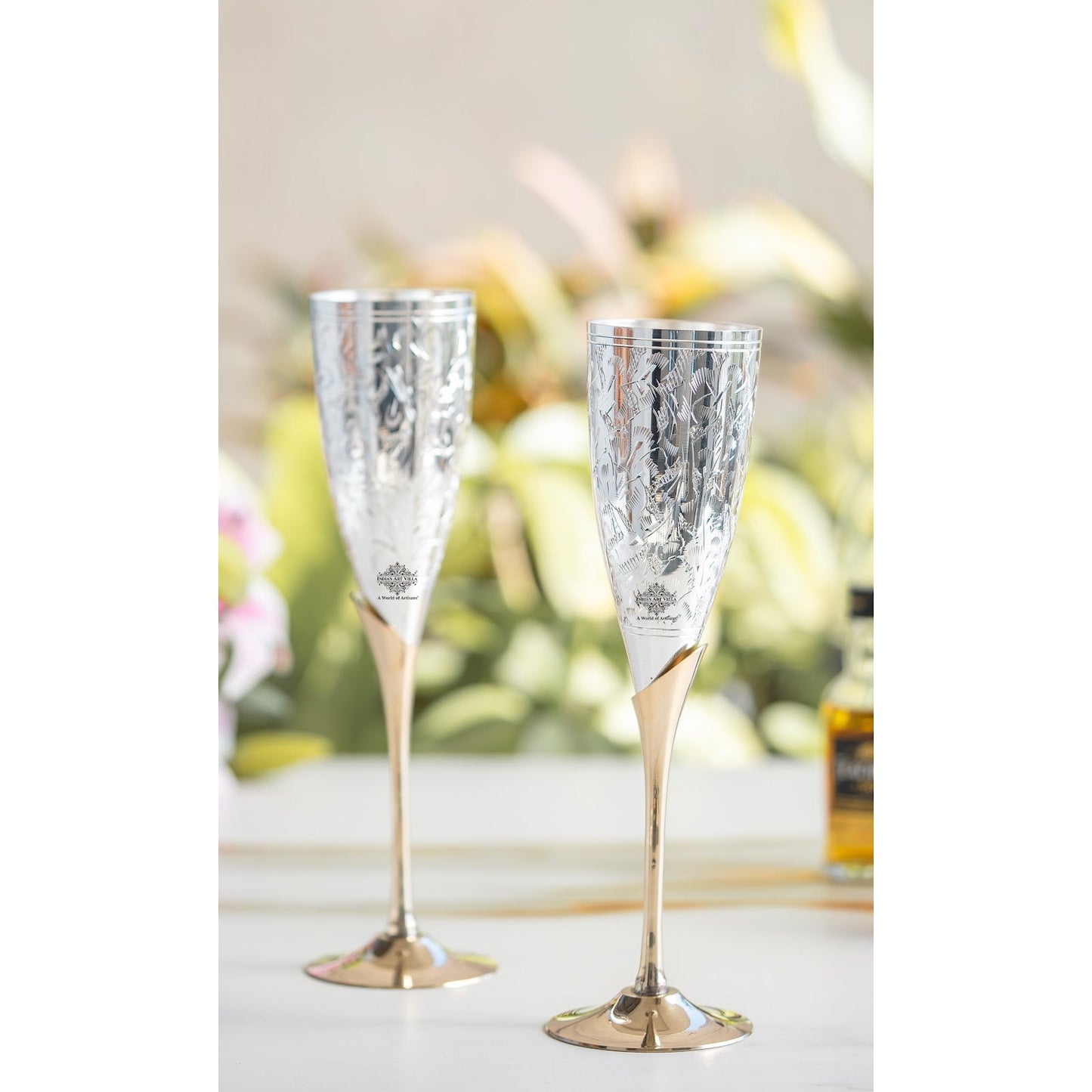 Set of 2 Silver Plated & Brass Champagne Wine Glass With Box