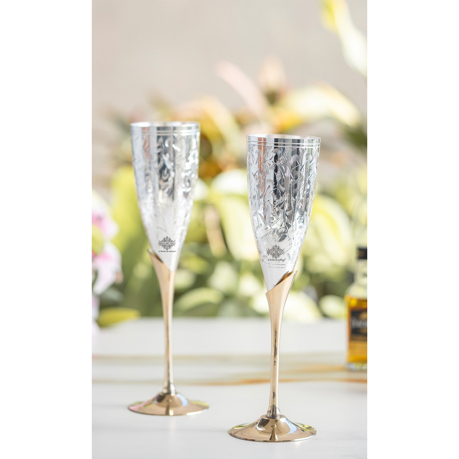 Set of 2 Silver Plated & Brass Champagne Wine Glass With Box