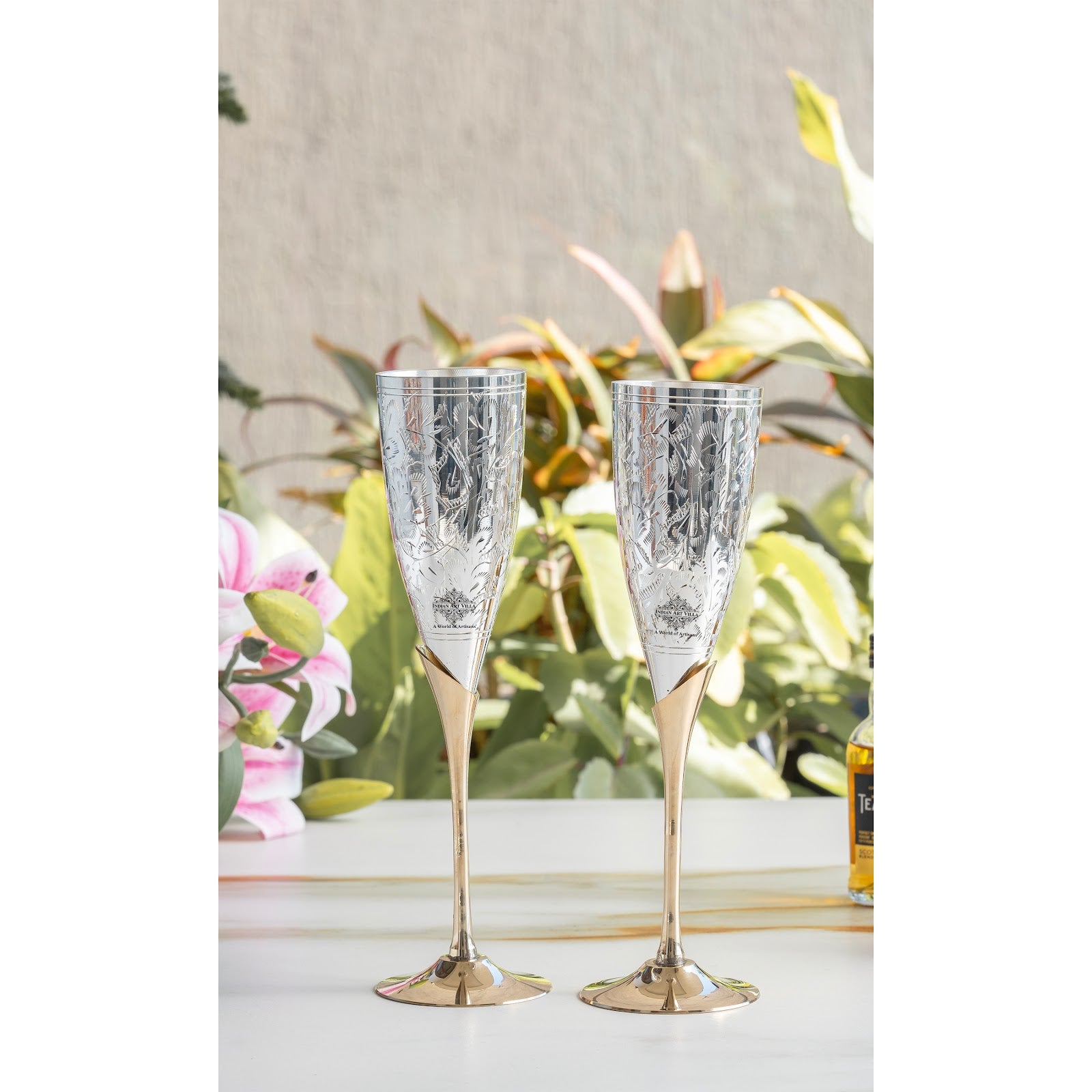 Set of 2 Silver Plated & Brass Champagne Wine Glass With Box