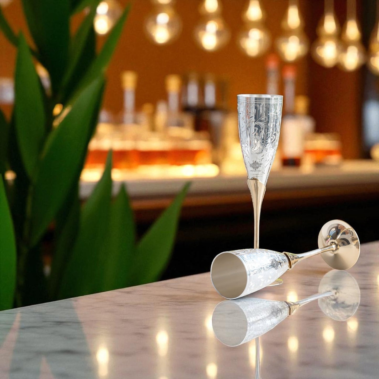 Set of 2 Silver Plated & Brass Champagne Wine Glass With Box