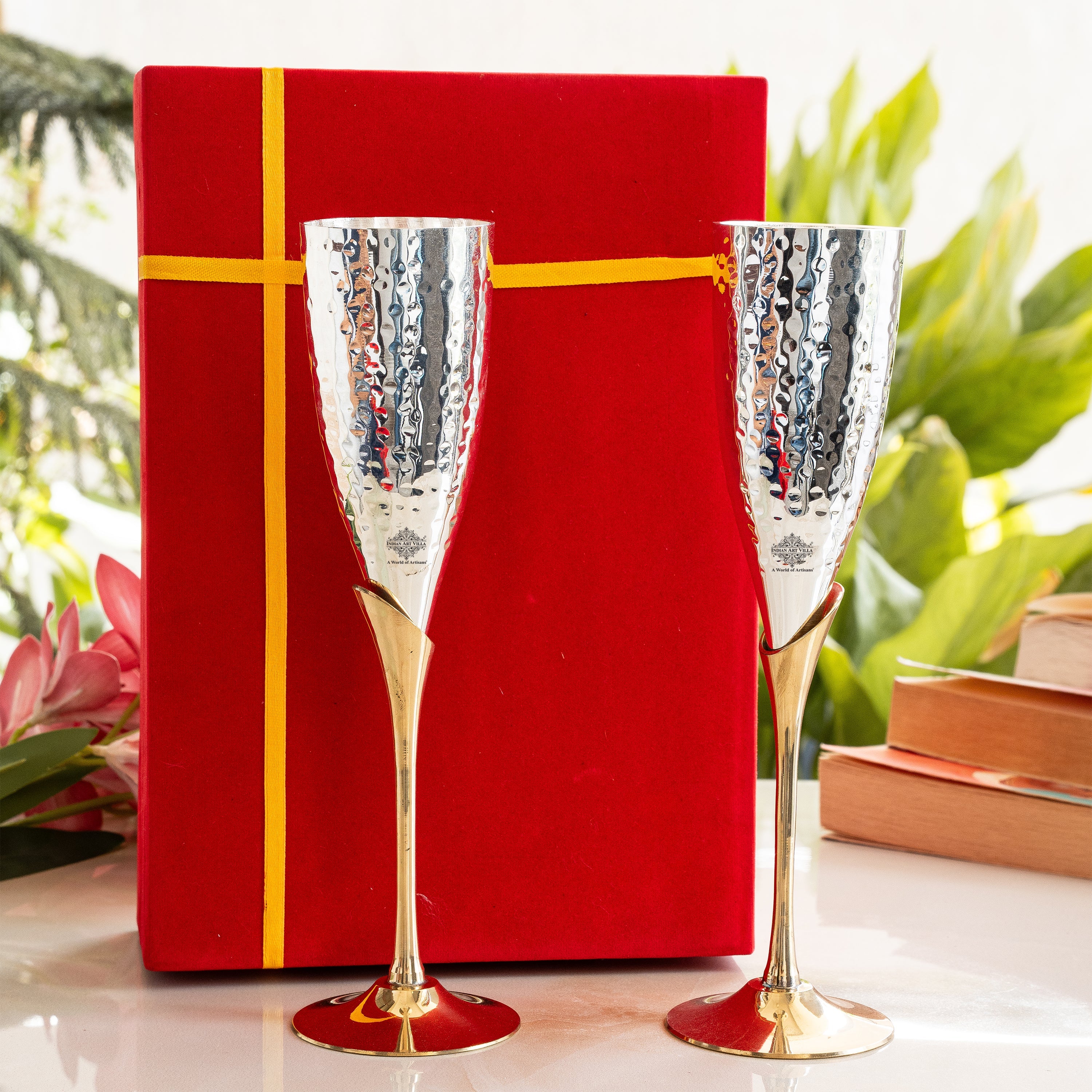 Set of 2 Silver Plated & Brass Champagne Hammered Wine Glass With Red Box