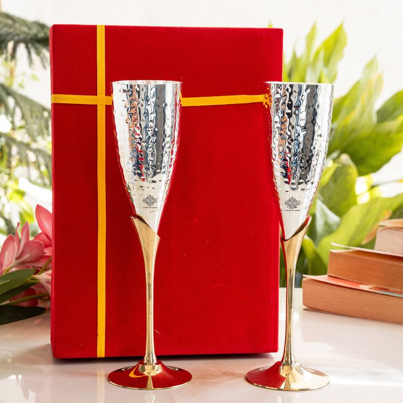 Set of 2 Silver Plated & Brass Champagne Hammered Wine Glass With Red Box