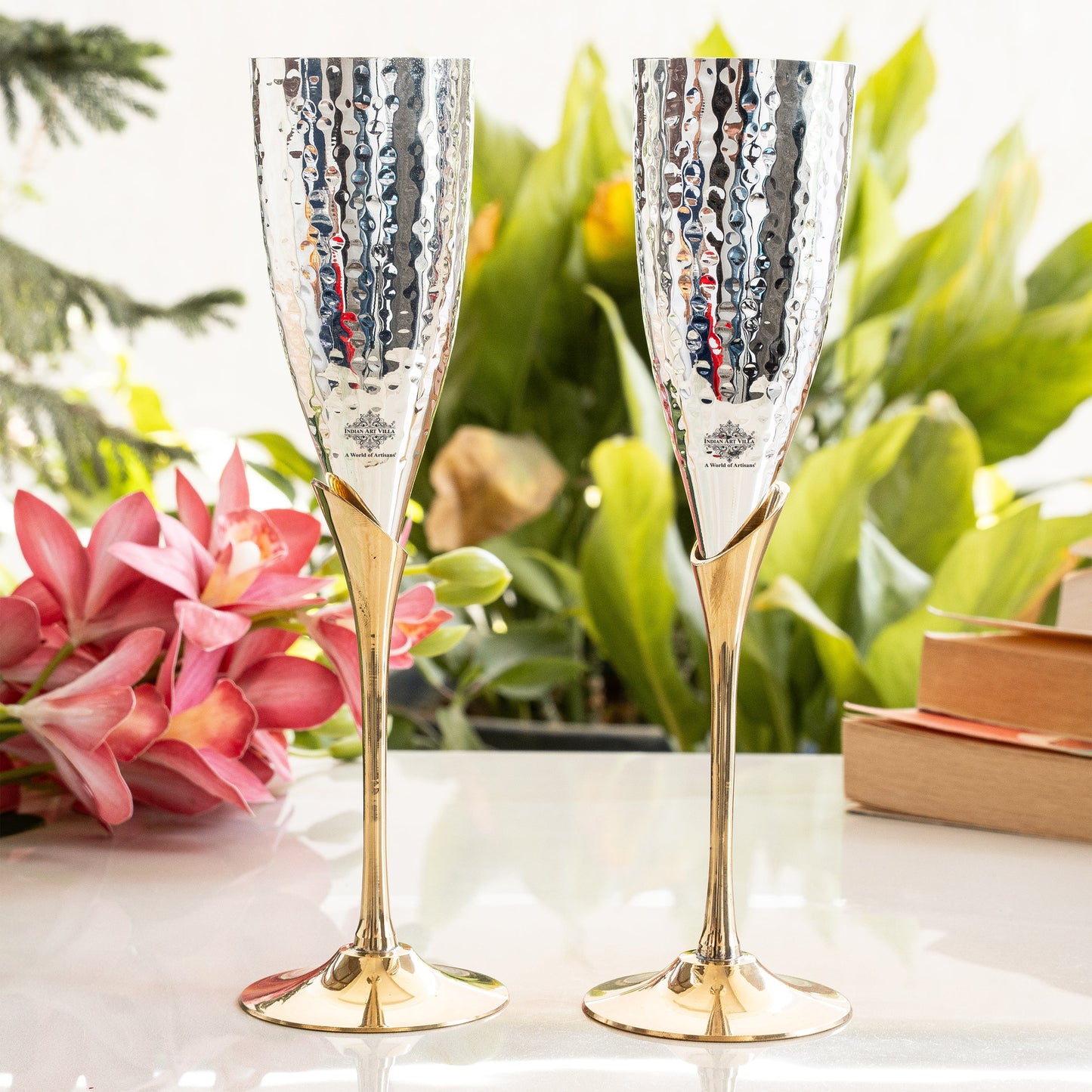 Set of 2 Silver Plated & Brass Champagne Hammered Wine Glass With Red Box