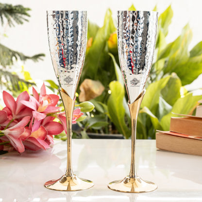 Set of 2 Silver Plated & Brass Champagne Hammered Wine Glass With Red Box